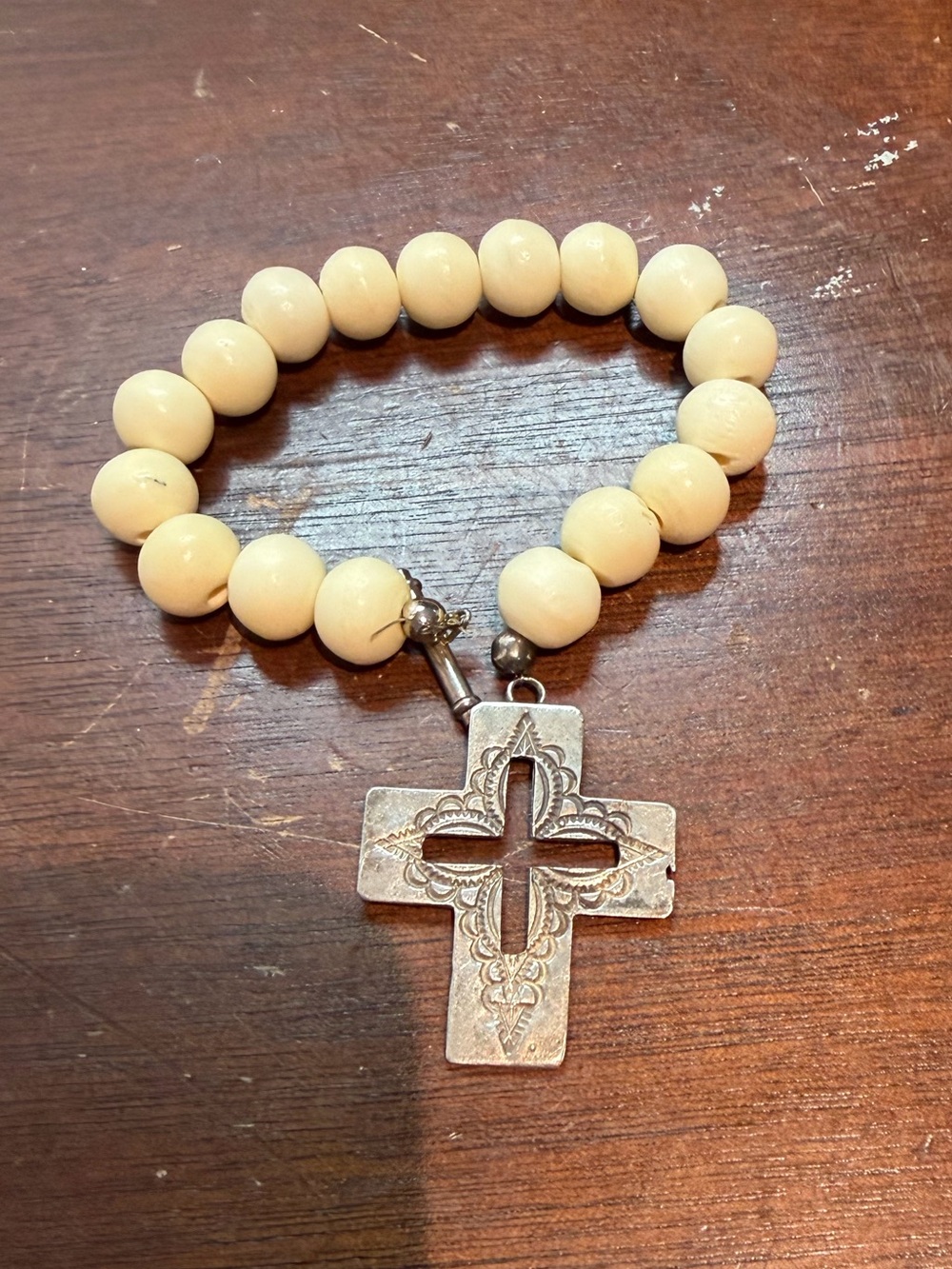 Vintage Southwestern AJM Stamped 925 Silver Cross Pocket Rosary Bracelet Bead